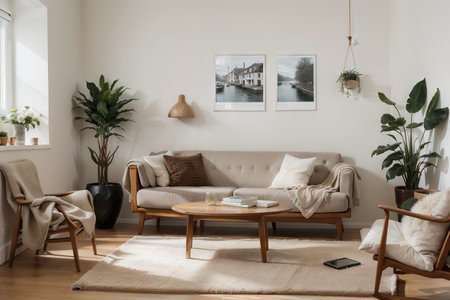 Creative composition of living room interior with poster frame, boucle armchair, pillow, vase with branch, wooden sculpture, slippers, beige rug and personal accessories. Home decor. Template.の素材