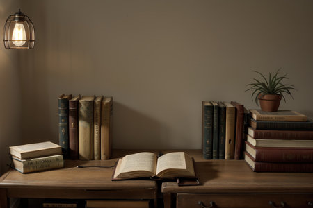 Tables with old books and lamp near light wall, closeupの素材