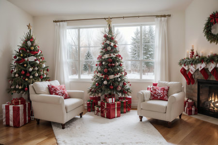 Beautiful holdiay decorated room with Christmas tree with presents under itの素材