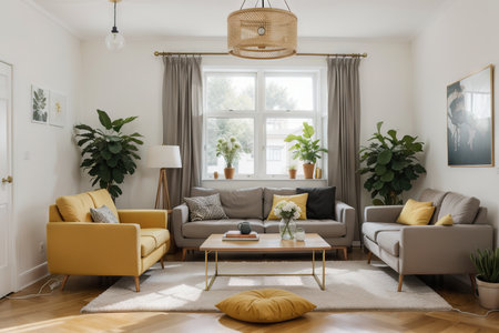 vector interior design . home house decor decoration. furniture living room lounge. sofa armchair table coffee lamp cushion plant vase. modern contemporary designer trendy style. trend.の素材