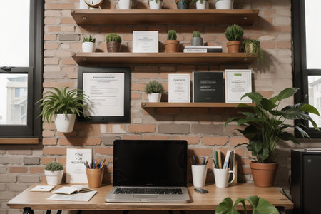 Creative workspace of a blogger. Laptop computer on wooden table in loft style corner office with brick walls and big windows. Designer's table concept. Close up, copy space, background.の素材