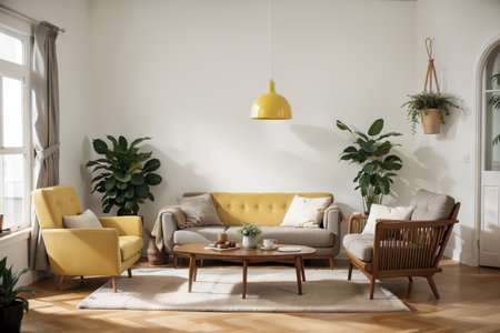 vector interior design . home house decor decoration. furniture living room lounge. sofa armchair table coffee lamp cushion plant vase. modern contemporary designer trendy style. trend.の素材
