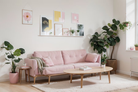 Pink living room interior with yellow armchair standing near coffee table with books and vertical poster on the wall.の素材