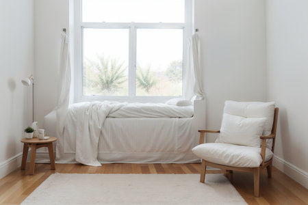 Bright bedroom interior with empty white poster, bed, armchair, panoramic window and parquet floor. Concept of minimalist design. Comfortable place for sleep. .の素材