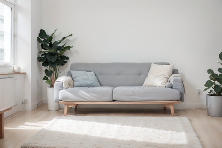 Minimalist Pastel color and modern room interior design,light gray sofa with blue wall and wood floor ,summer concept,の素材