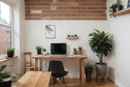 Creative workspace of a blogger. Laptop computer on wooden table in loft style corner office with brick walls and big windows. Designer's table concept. Close up, copy space, background.の素材