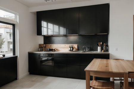 modern dark wood kitchen with winter viewの素材