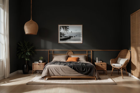 Poster frame mockup in dark bedroom interior background with rattan furniture,の素材