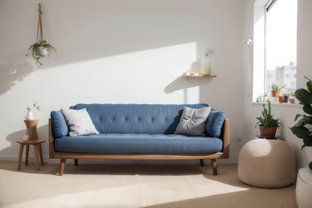 Pouf on blue carpet in bright living room interior with grey chair and settee against the wall with galleryの素材