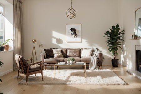 The elegant living room with copy space, coffee table with dark dog sculpture, gold lamp and personal accessories. Beige wall. Home decor. Template.の素材