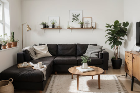 Stylish Scandic living room interior - sofa, armchair, coffee table, plants in pots, lamp, home decorations. Cozy Autumn. Modern comfy apartment furnished in Hygge style. Vector flat .の素材
