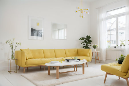 White room with yellow sofa. Scandinavian interior design.の素材