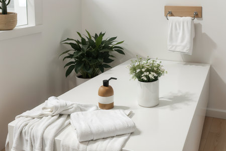 Roll up of white towels on white table with copy space on blurred living room background. For product display montage.の素材