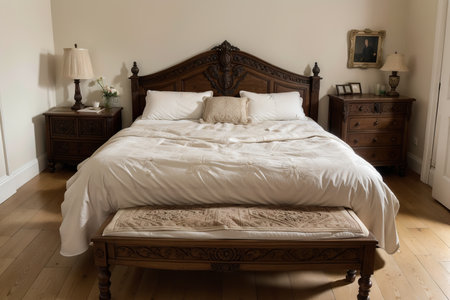 Furnished bedroom within former victorian rectory with ornate carved four poster bed and matching period sideboard drawers, chaise longe, side tables with lamps and exposed timber floorの素材