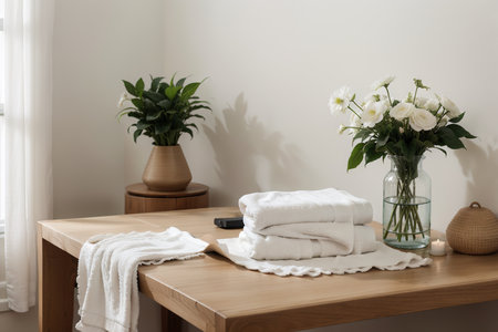 Roll up of white towels on white table with copy space on blurred living room background. For product display montage.の素材