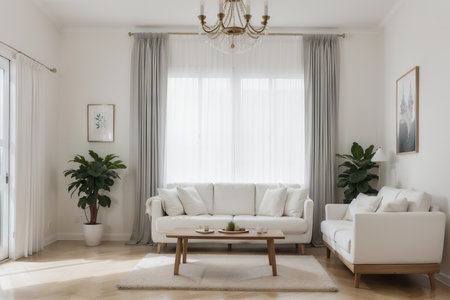 White interior with curtains, sofa and decor. mockup.の素材