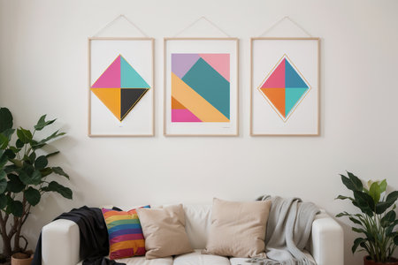 Set of 3 Minimalist wall art. Abstract geometric prints for boho aesthetic interior. Home decor wall prints, terracotta colors. Sun, rainbow and clay pots. Contemporary artistic printable vectorの素材