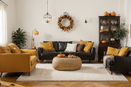 Interior of beautiful living room with sofa and autumn decorの素材