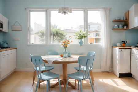 Light Blue Eat-In Dining Room next to the kitchen with a tile floor, table and chairsの素材