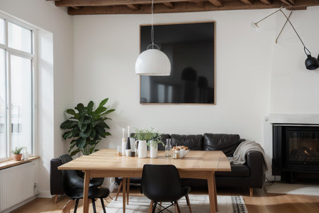 Cozy Scandinavian home living room with kitchen interior design with empty mockup space on white wall. couch, dining table, and home decor. ,の素材