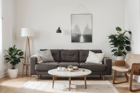 Stylish scandinavian home interior of living room with design gray sofa, armchair, marble stool, black coffee table, modern paintings, decoration, plant and elegant personal accessories in home decor.の素材