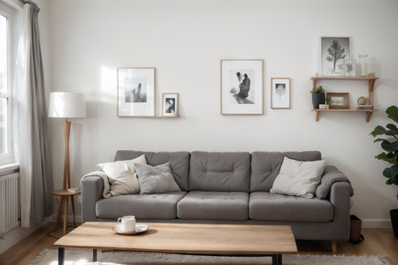 Living room interior, grey couch and shelves with paintings on white wall backgroundの素材