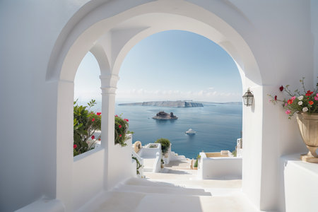Mediterranean luxury gate wall to the sea view and stair - Santorini island style -の素材