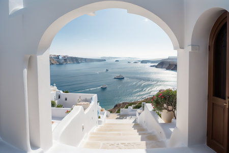 Mediterranean luxury gate wall to the sea view and stair - Santorini island style -の素材
