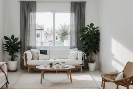 Simple living room white armchair home interior, clean modern home design background, , Scandinavian design style.の素材