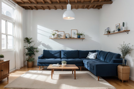 Cozy blue and white loft interior with sofa and bicycleの素材
