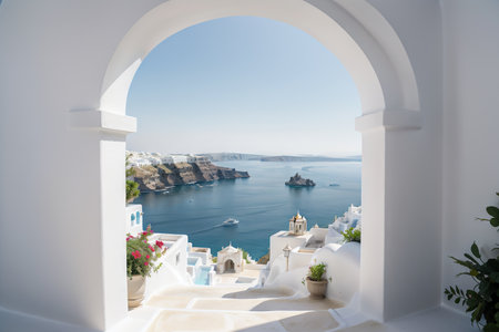 Mediterranean luxury gate wall to the sea view and stair - Santorini island style -の素材