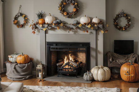 Stylish fall home decor in gray and goldの素材
