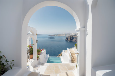 Mediterranean luxury gate wall to the sea view and stair - Santorini island style -の素材
