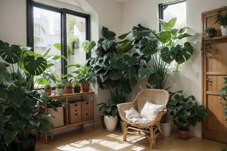 Urban jungle, love for plants concept. Interior of cozy home garden with fresh green monstera houseplant, wicker chair, wooden floor. Sunlight and shadows.の素材