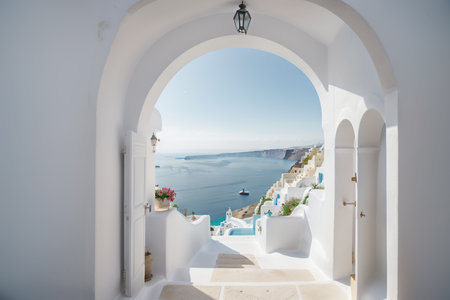 Mediterranean luxury gate wall to the sea view and stair - Santorini island style -の素材