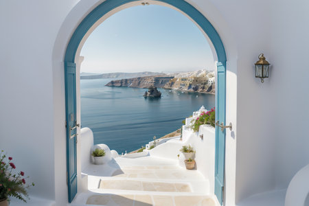 Mediterranean luxury gate wall to the sea view and stair - Santorini island style -の素材