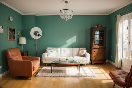 Cartoon Apartment Living room Interior House Room Retro Vintage Background Vectorの素材