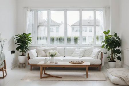 Stylish room in white color with sofa and summer landscape in window. Scandinavian interior design.の素材