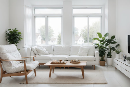 Stylish room in white color with sofa and summer landscape in window. Scandinavian interior design.の素材