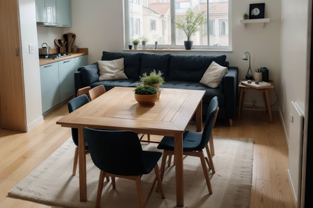 Modern wooden kitchen, dining and living room in blue tones, sofa with carpet and table with chairs, sliding door. Window and parquet floor. Top view, plan, above. Interior design,の素材