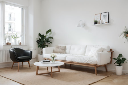 Stylish room in white color with sofa. Scandinavian interior design.の素材