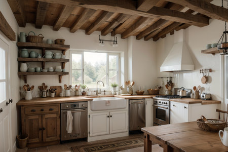 Interior of kitchen in rustic style with vintage kitchen ware and window. White furniture and wooden decor in bright indoor. Country style.の素材