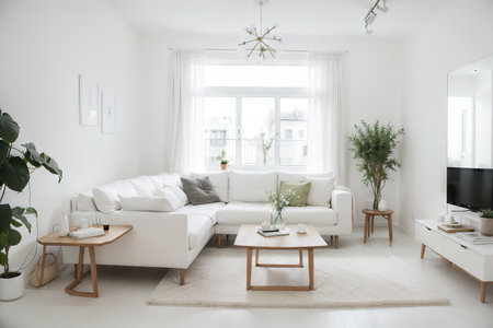 Stylish room in white color with sofa. Scandinavian interior design.の素材