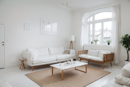 Stylish room in white color with sofa. Scandinavian interior design.の素材
