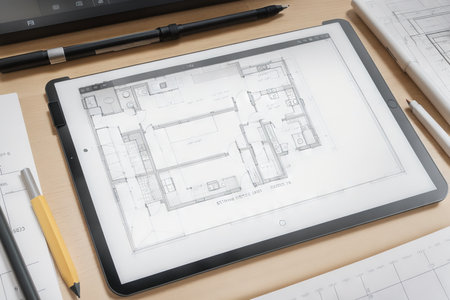 Computer Tablet Showing Kitchen Sitting On House Plans With Pencil and Compass.の素材
