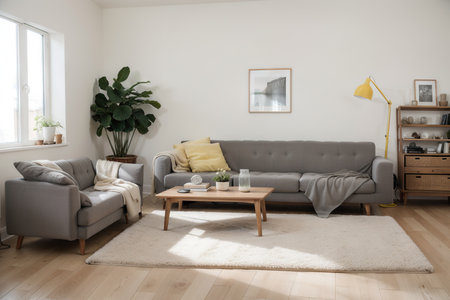 Grey stone wall and sofa style with yellow detail niche bookshelf, carpet design, home decoration interior style.の素材