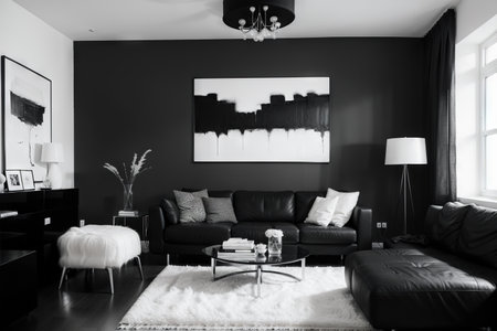 Black and white abstract painting on empty wall of cozy living room interiorの素材