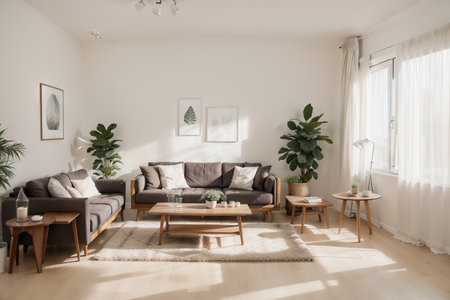 realistic vector living room interior with windows, curtains, sofa with coffee tables.の素材