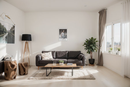 realistic vector living room interior with windows, curtains, sofa with coffee tables.の素材