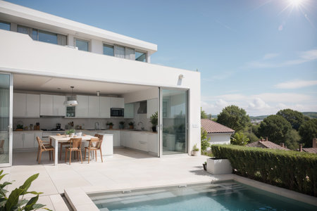 Solar panels on the roof of a modern house. Beautiful house with white kitchen, large windows and a terrace.の素材